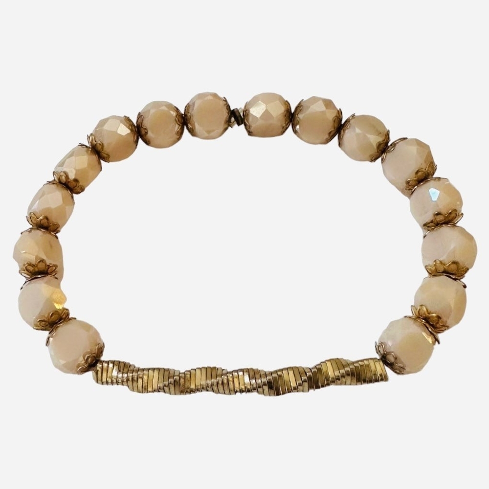 Gold Tone Faceted Champagne Crystal Beaded Elastic Bracelet Gift Pouch VG - Picture 1 of 4